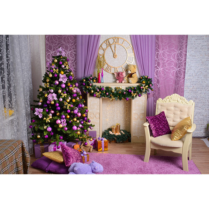 Avezano Purple Style Christmas Tree And Fireplace Photography Backdrop