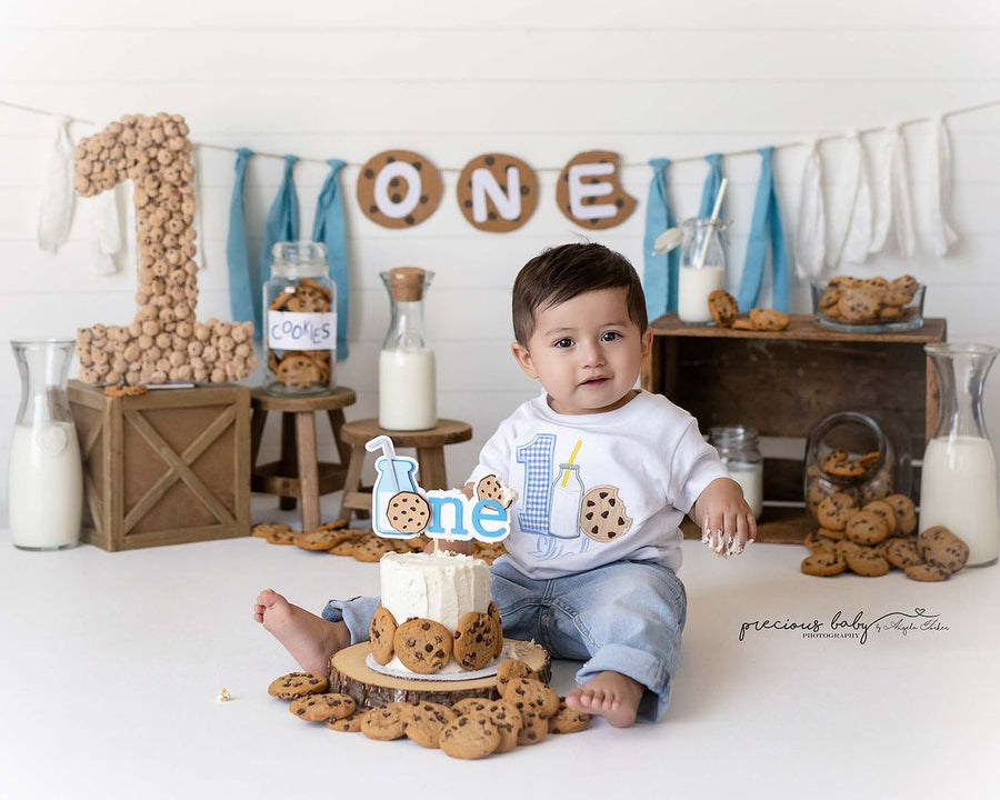 Avezano Milk and Cookies First Birthday Cake Smash Photography Backdrop Designed By Angela Forker