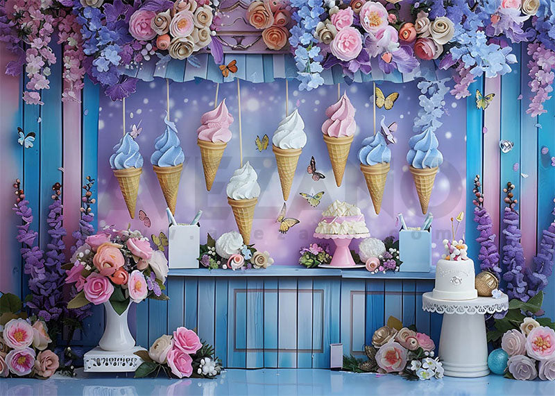 Avezano Purple Flowers and Ice Cream Birthday Party Photography Background