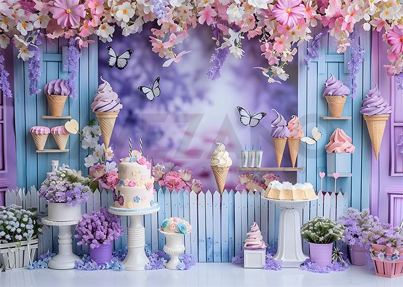 Avezano Butterflies Flowers and Ice Cream Cake Birthday Party Photography Background