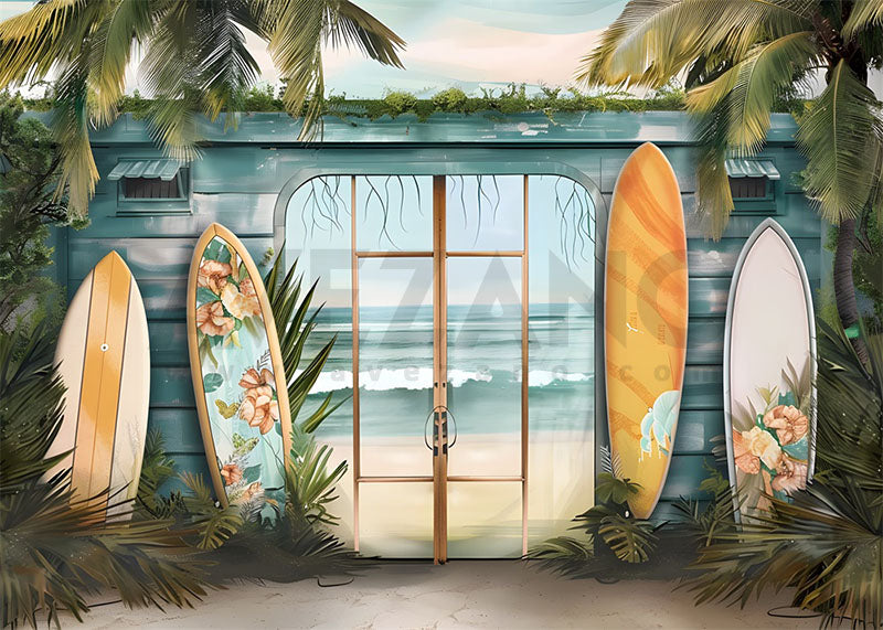 Avezano Summer Beach Surfboard and Door Photography Backdrop