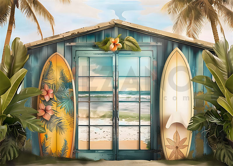 Avezano Summer Beach Surfboard and Blue House Photography Backdrop