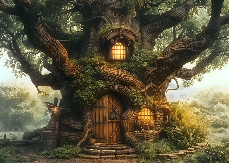 Avezano Spring Tree Elf House Photography Backdrop