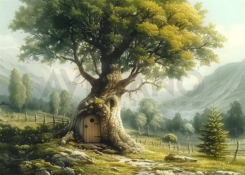 Avezano Spring Green Leaf Elf House Photography Backdrop