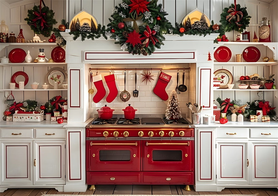 Avezano Christmas Kitchen Cabinet Red Oven Photography Backdrop