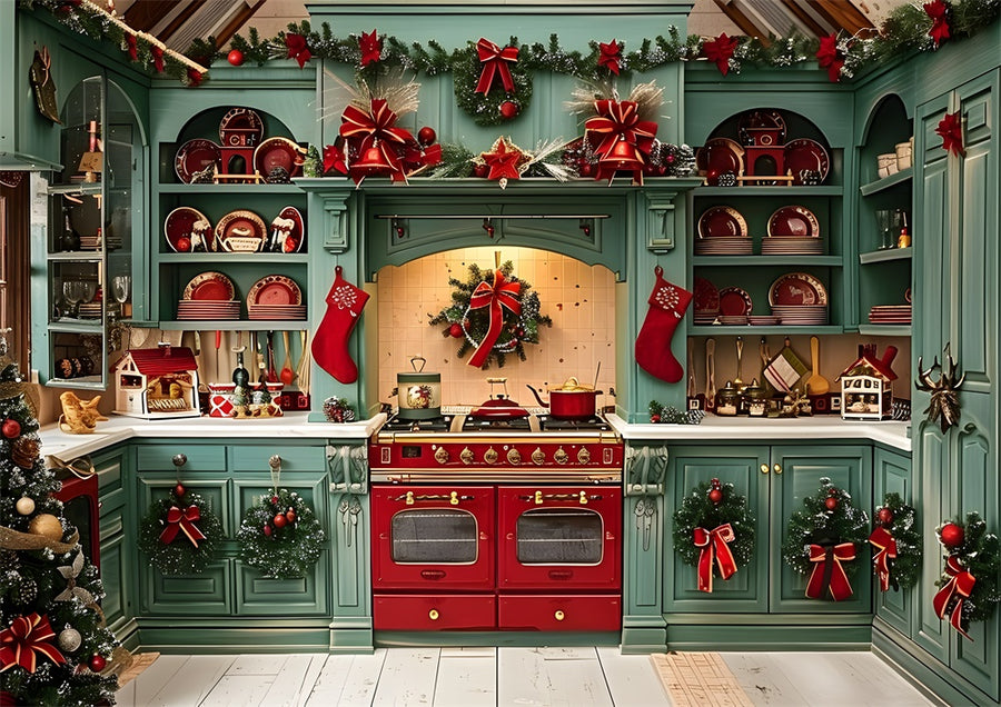 Avezano Christmas Kitchen Bells and Wreaths Photography Backdrop