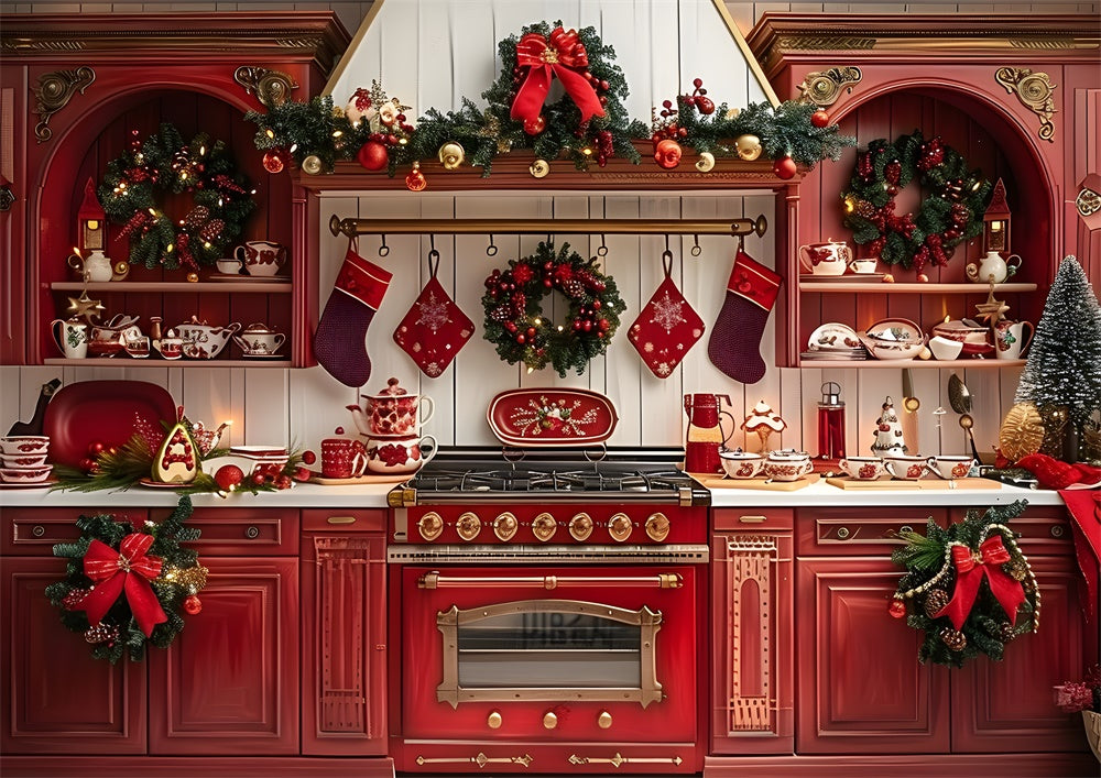 Avezano Christmas Kitchen Red Cabinet Photography Backdrop