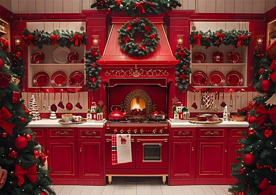 Avezano Christmas Kitchen Red Cutlery and Fireplace Photography Backdrop