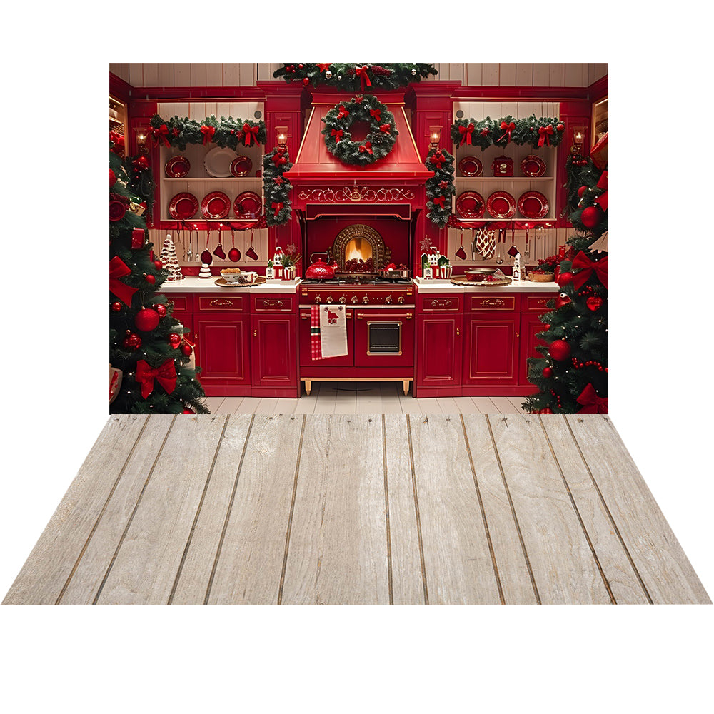 Avezano Christmas Tree and Red Kitchen 2 pcs Set Backdrop