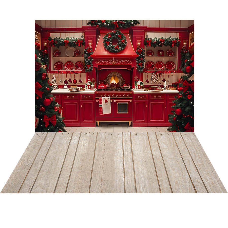 Avezano Christmas Tree and Red Kitchen 2 pcs Set Backdrop