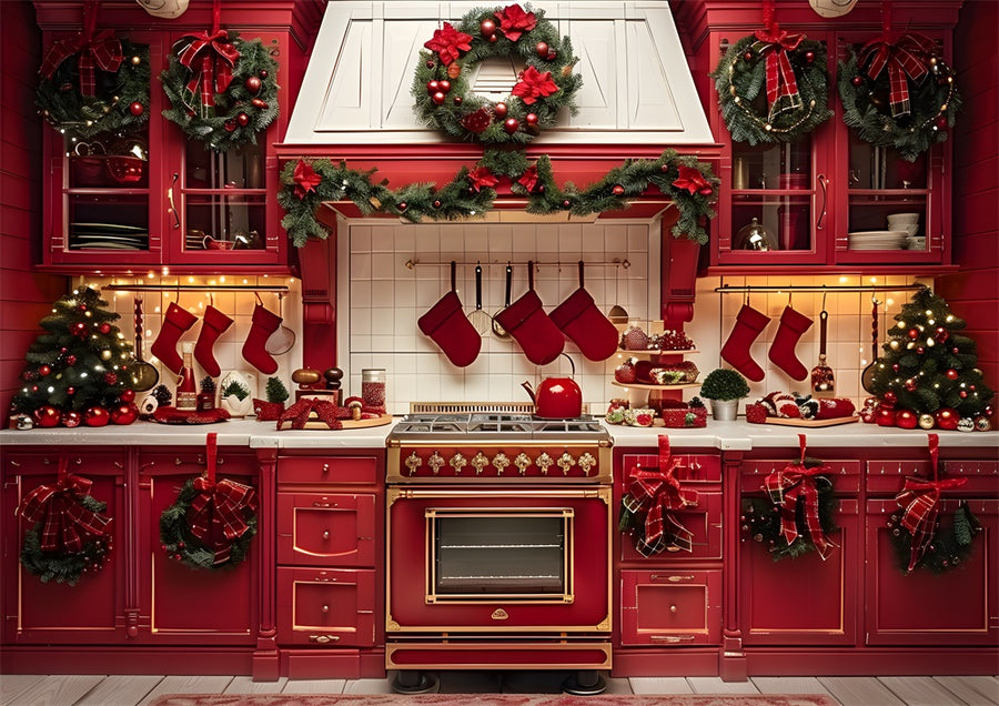 Avezano Christmas Kitchen Wreaths and a Little Christmas Tree Photography Backdrop