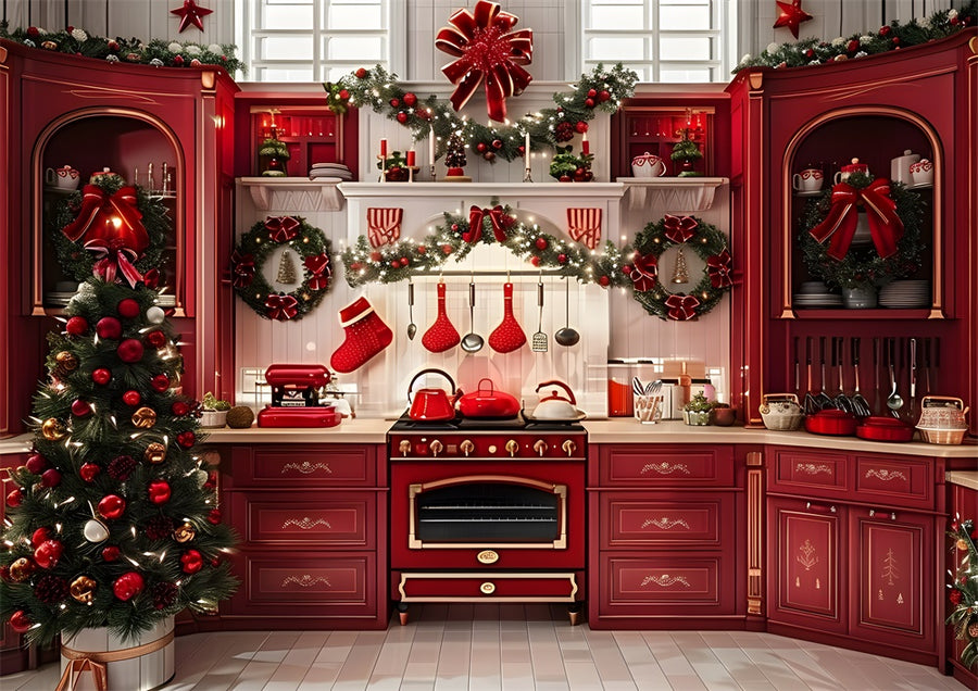 Avezano Red Kitchen Christmas tree Photography Backdrop