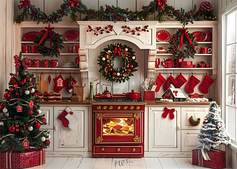 Avezano Christmas Kitchen Burning Fireplace Photography Backdrop