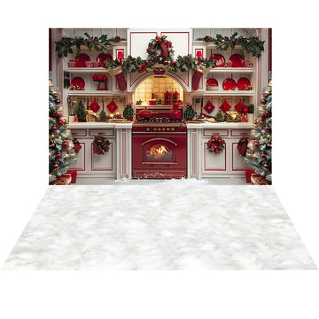 Avezano Christmas Burning Fireplace in the Kitchen 2 pcs Set Backdrop