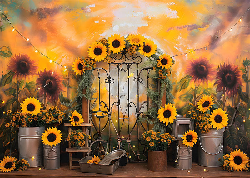 Avezano Sunflower and Door Oil Painting style Photography Backdrop