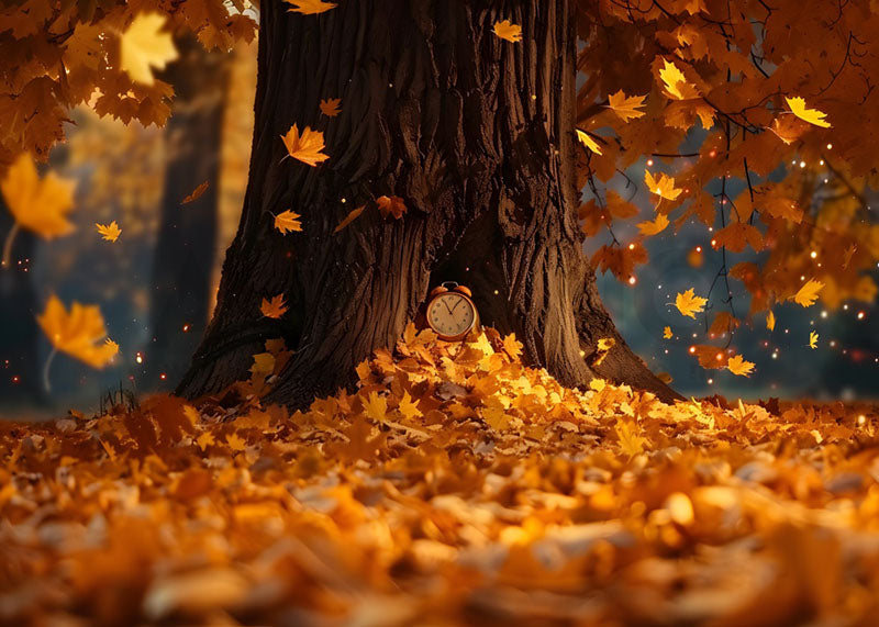 Avezano Autumn Golden Fallen Leaves and Clock Photography Backdrop