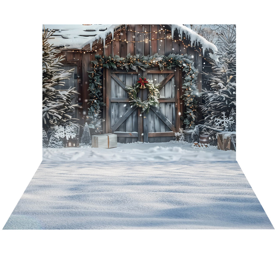 Avezano Christmas Winter Cabin Snow 2 pcs Set Backdrop