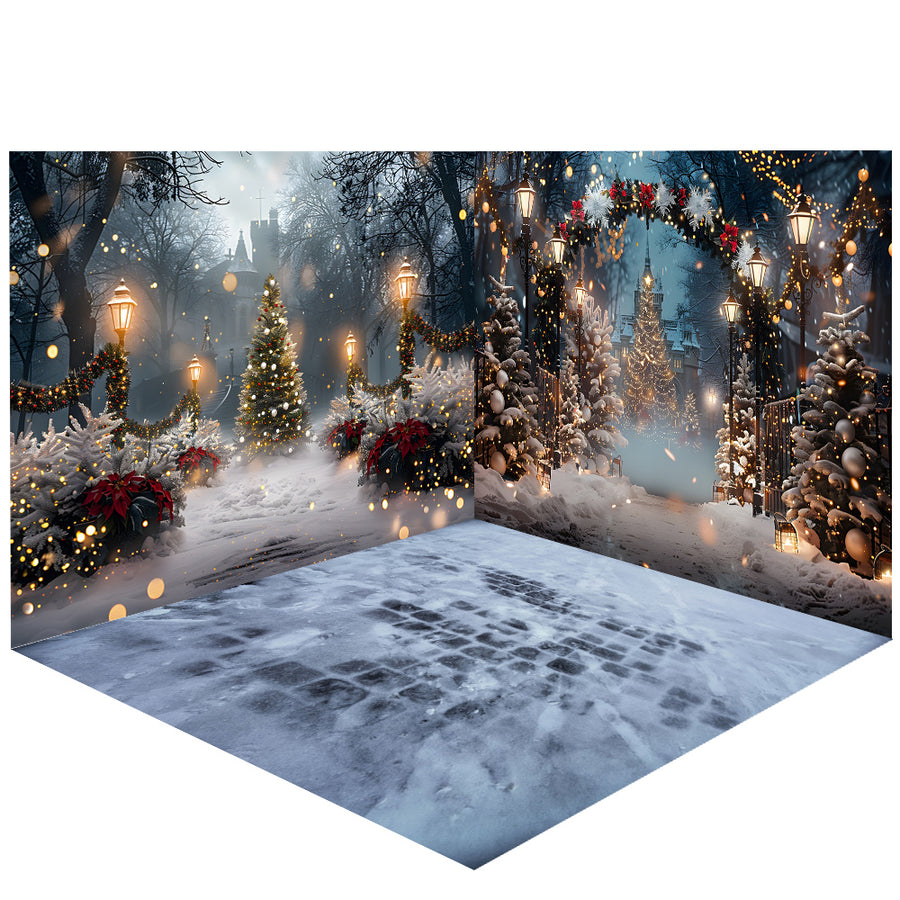 Avezano Snow Christmas Tree and lights Photography Backdrop Scene  Room Set