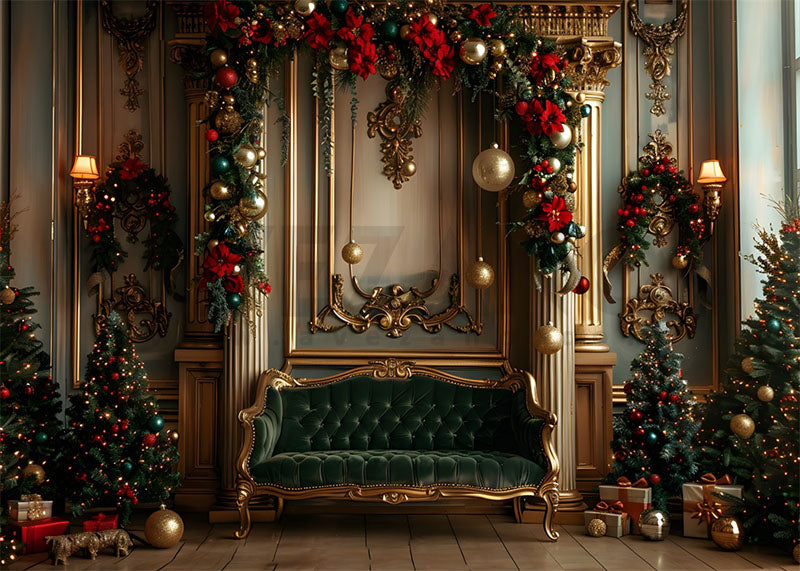 Avezano Christmas Room Green Sofa Photography Backdrop