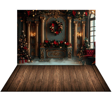 Avezano Christmas Wreaths and Carved Wall  2 pcs Set Backdrop