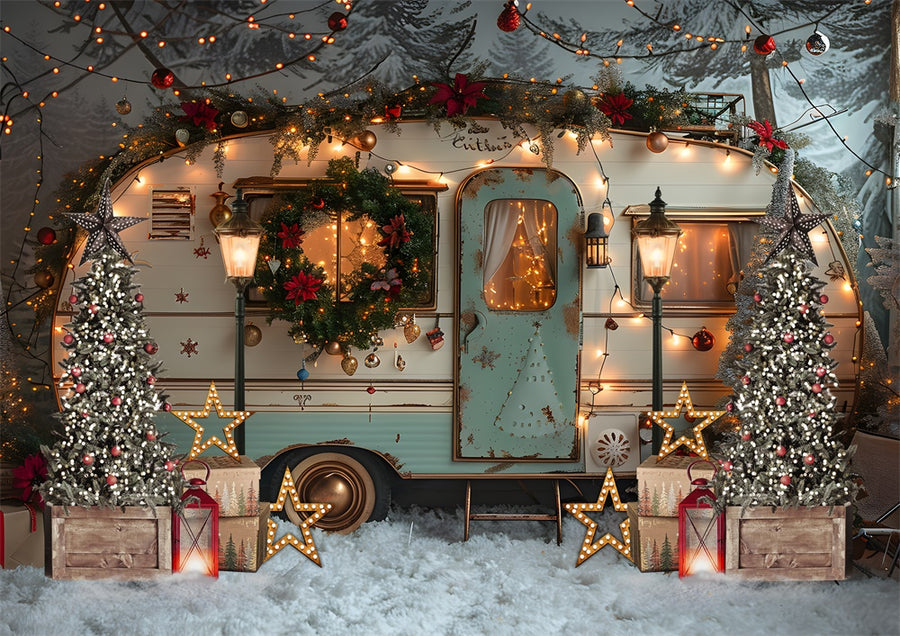 Avezano Christmas Tree and Vintage RV  2 pcs Set Backdrop