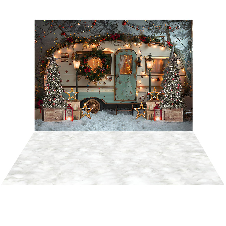 Avezano Christmas Tree and Vintage RV  2 pcs Set Backdrop