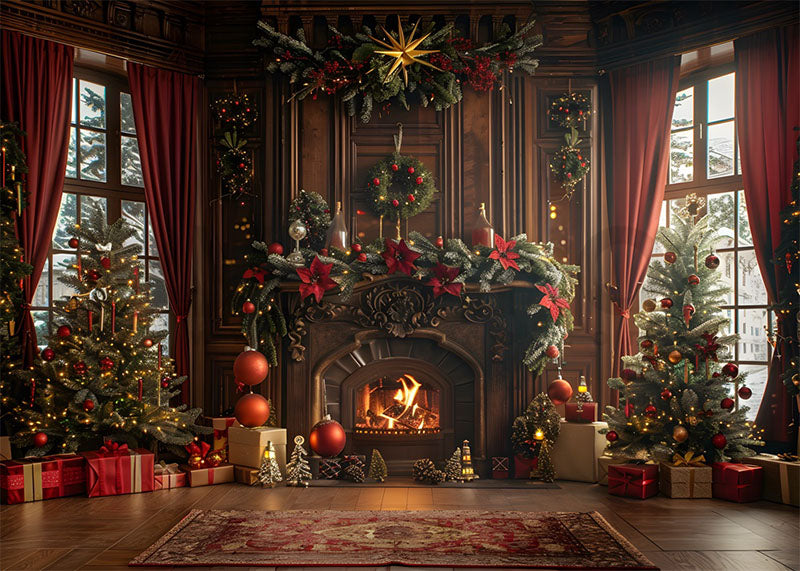 Avezano Christmas Room and Burning Fireplace Photography Backdrop