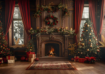 Avezano Christmas Presents Room and Burning Fireplace Photography Backdrop