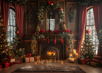 Avezano Christmas Room and Burning Fireplace Photography Backdrop