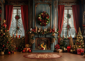 Avezano Christmas Wreaths and Fireplace Photography Backdrop