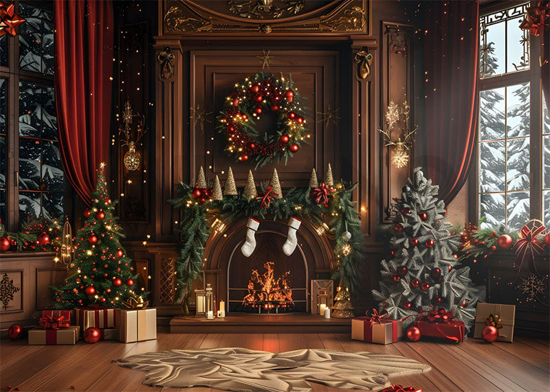 Avezano Burning Fireplace in Christmas living Room Photography Backdrop