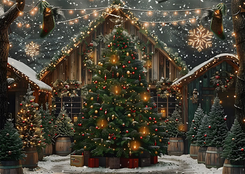 Avezano Christmas Tree and Log house Photography Backdrop