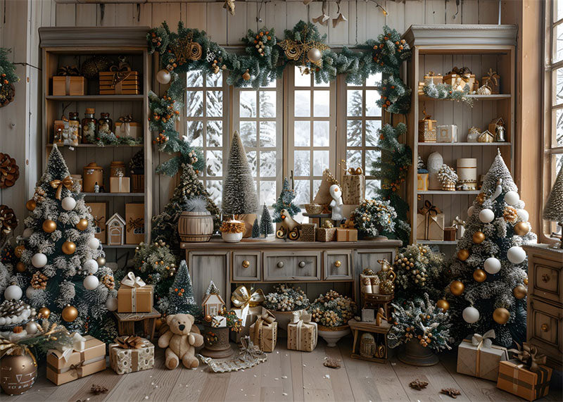 Avezano Log Cabin Christmas Tree and Cupboards Photography Backdrop