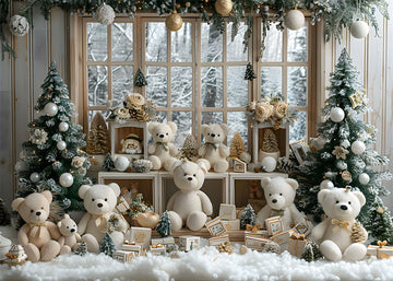 Avezano White Bear Doll and Christmas Tree Photography Backdrop