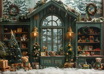 Avezano Green Doors and Windows Christmas Tree and Presents Photography Backdrop