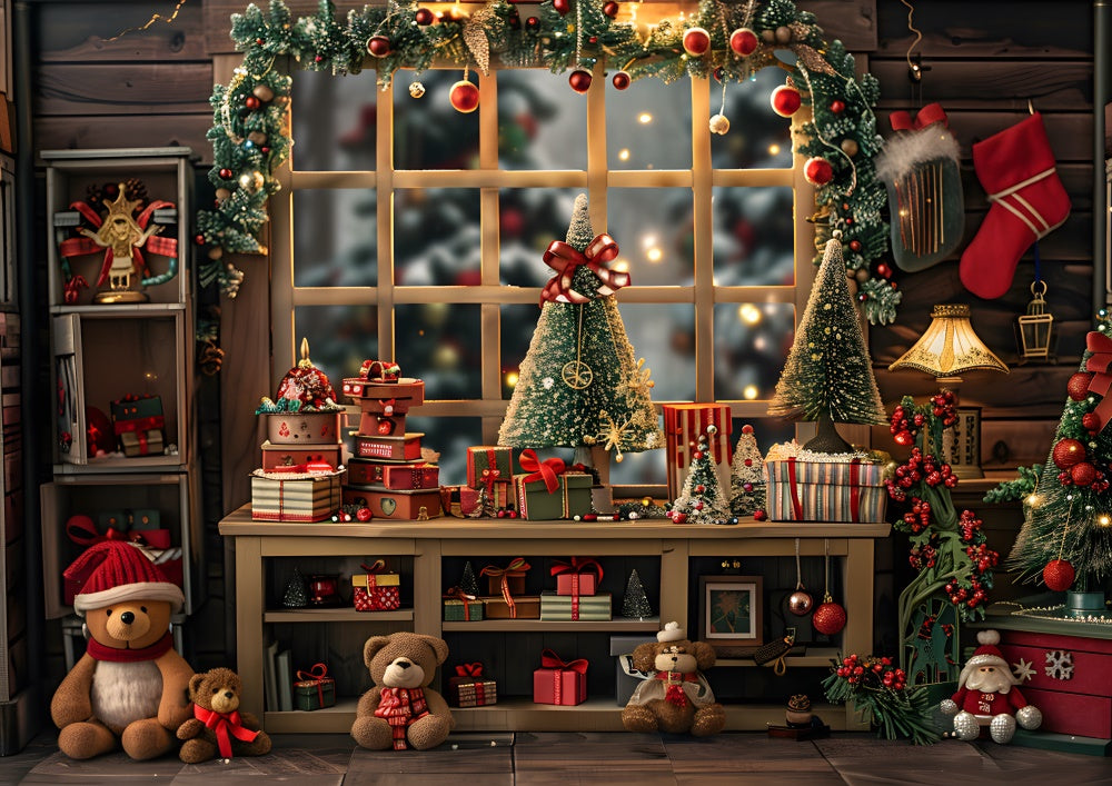 Avezano Windowsill Presents and Christmas Trees Photography Backdrop Scene Room Set