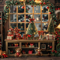 Avezano Windowsill Presents and Christmas Trees Photography Backdrop Scene Room Set