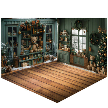 Avezano Christmas Green Window Bear Gift Photography Backdrop Scene Room Set