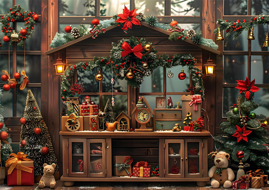 Avezano Christmas Bows and Bear Dolls Photography Backdrop Scene Room Set