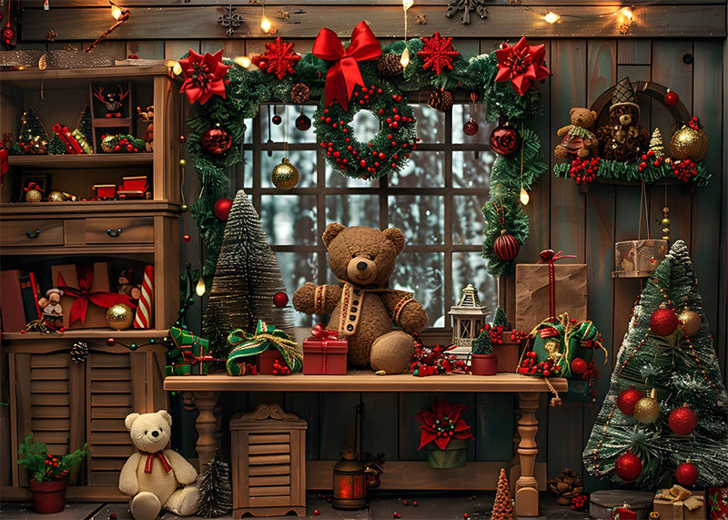 Avezano Christmas Wreaths Window and Bear Dolls Photography Backdrop