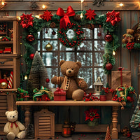 Avezano Christmas Bows and Bear Dolls Photography Backdrop Scene Room Set