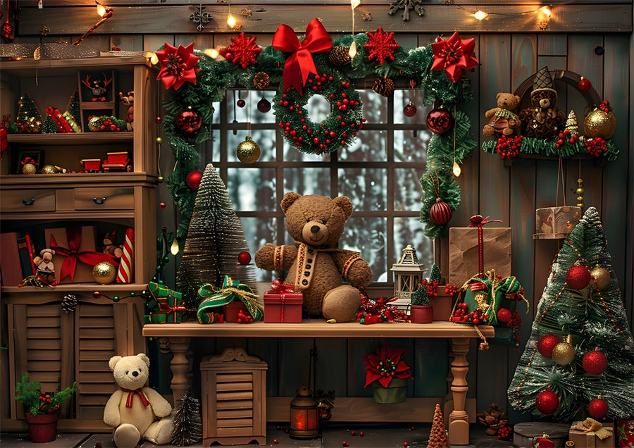 Avezano Christmas Bows and Bear Dolls Photography Backdrop Scene Room Set