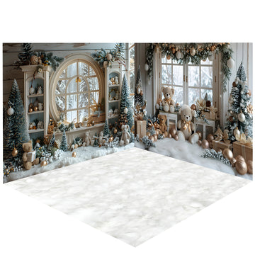 Avezano White Bear and Christmas Tree Photography Backdrop Scene Room Set