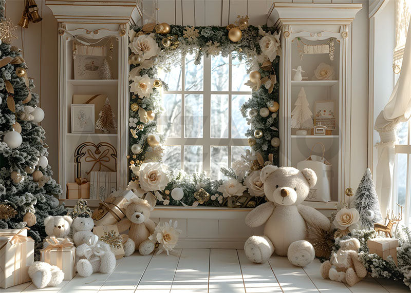 Avezano White Christmas Room and Bear Photography Backdrop