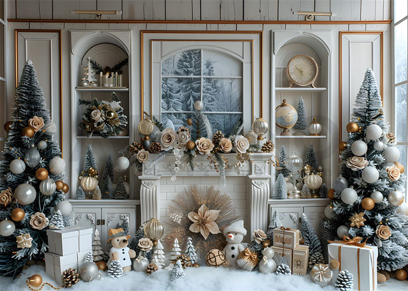 Avezano White Fireplace and Christmas Tree Photography Backdrop