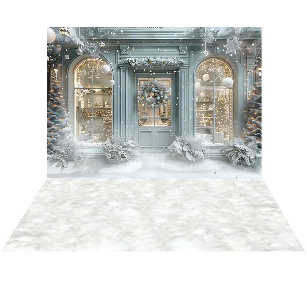 Avezano Snow Blue Christmas Shop 2 pcs Set Backdrop