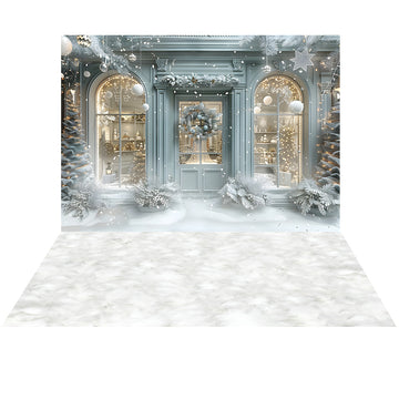 Avezano Snow Blue Christmas Shop 2 pcs Set Backdrop