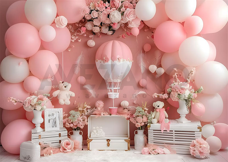 Avezano Pink Girl Flowers and Hot Air Balloons Birthday Party Photography Background