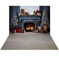 Avezano Blue Christmas Tree and Fireplace 2 pcs Set Backdrop