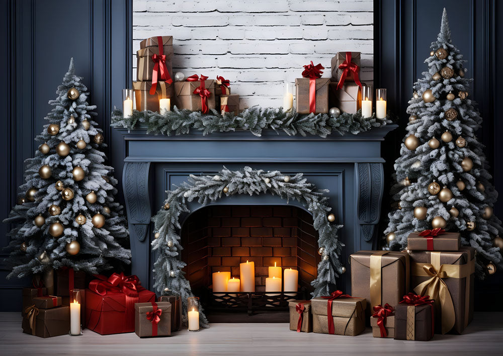 Avezano Blue Christmas Tree and Fireplace 2 pcs Set Backdrop